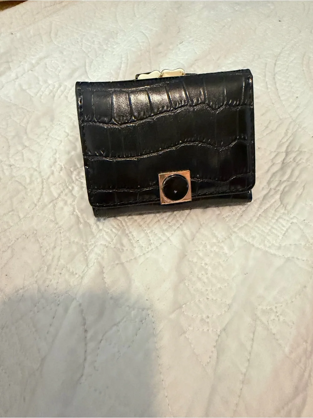 Black Croc-Embossed Compact Wallet with Gold Accent